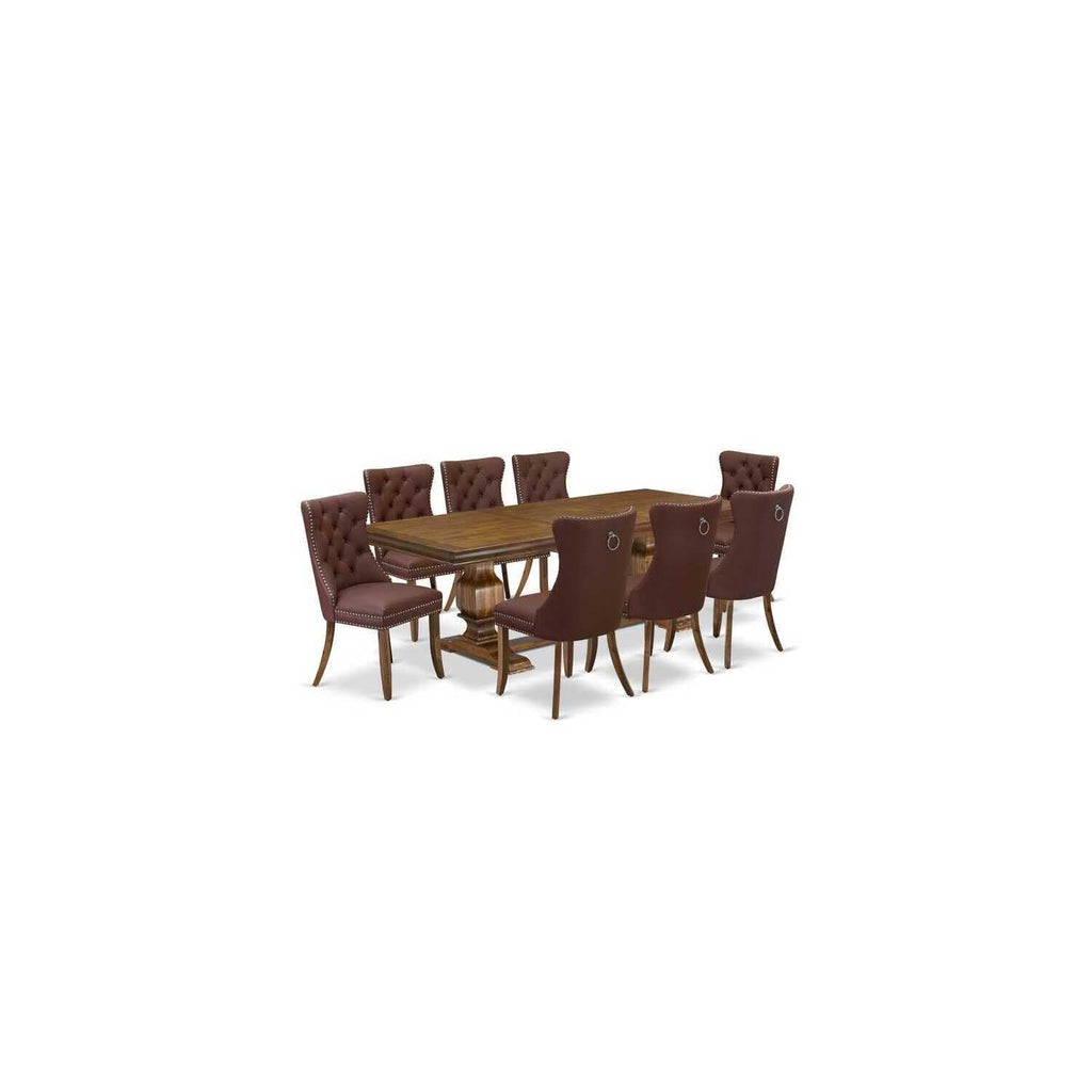 9 Piece Mid Century Dining Table Set with 8 Burgundy Faux Leather Chairs F3268