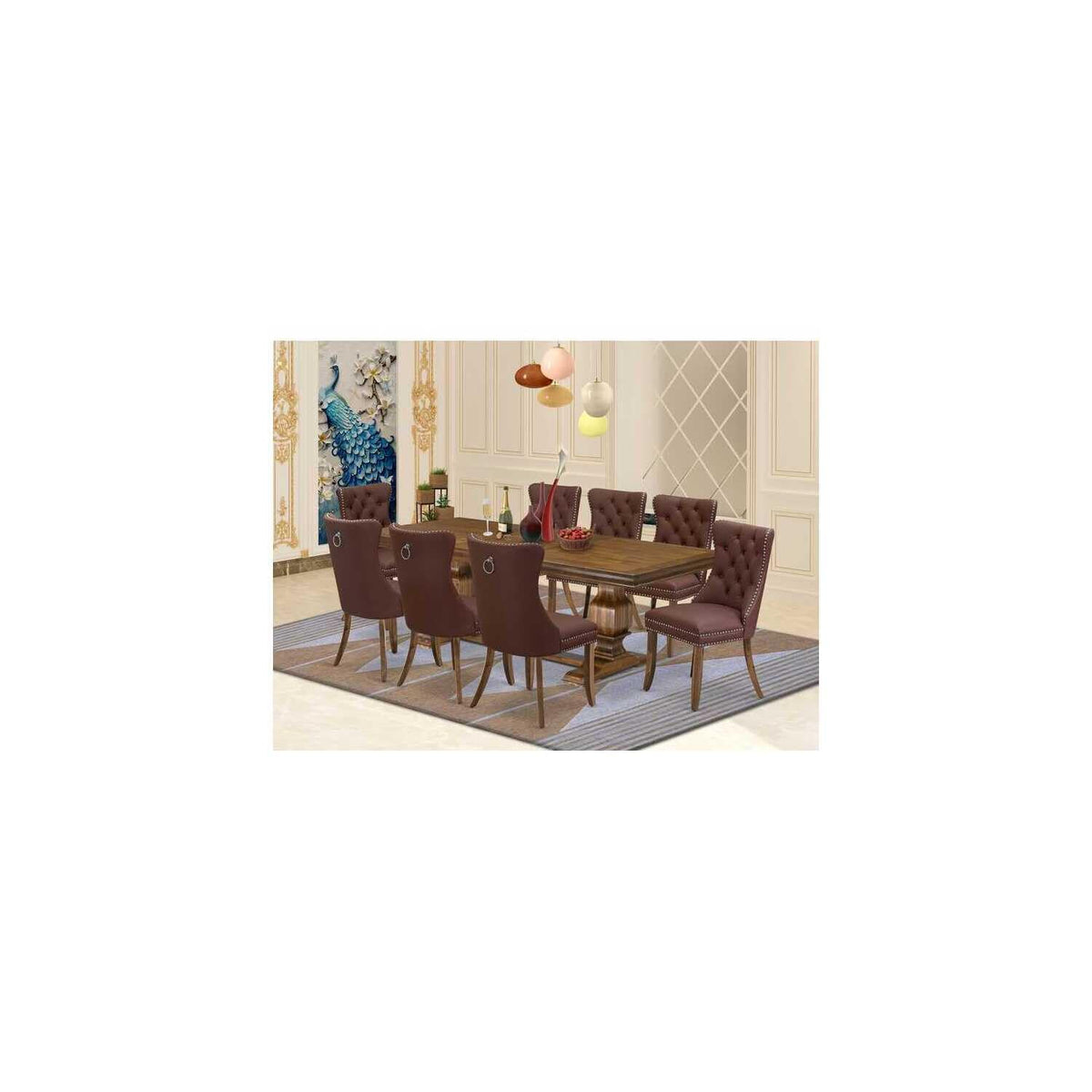 9 Piece Mid Century Dining Table Set with 8 Burgundy Faux Leather Chairs F3268