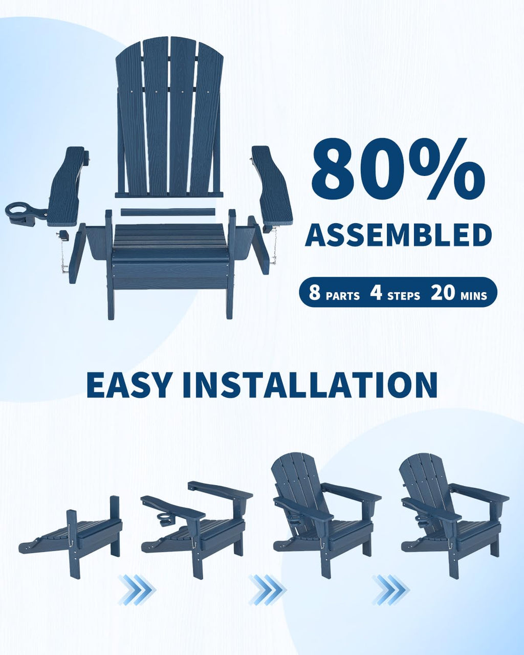 HDPE Folding Adirondack Chair Set of 2 with Side Table, Navy Blue T8185