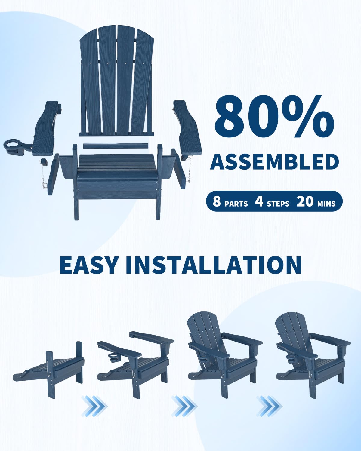 HDPE Folding Adirondack Chair Set of 2 with Side Table, Navy Blue T8185