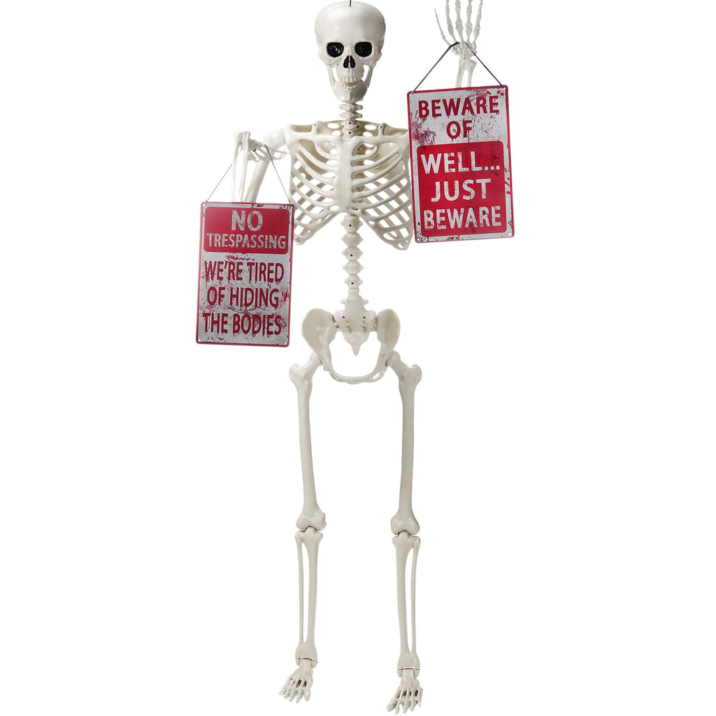 5.4 ft Posable Skeleton with 2 Pack Metal Signs T3897