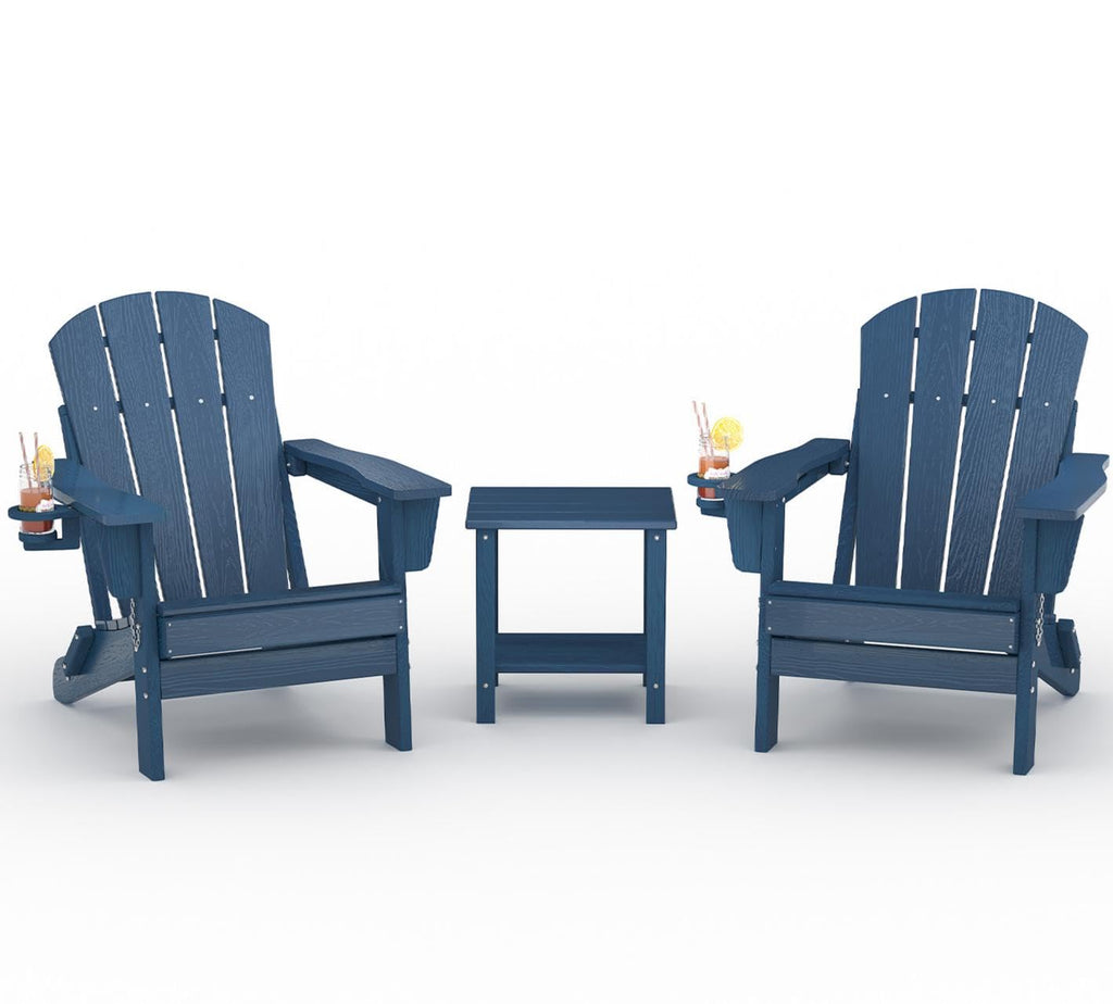 HDPE Folding Adirondack Chair Set of 2 with Side Table, Navy Blue T8185