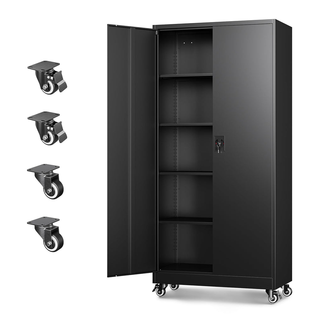 Metal Garage Storage Cabinets with Wheels, Locking Door and Adjustable Shelves (Black, 74.41" H) I8067