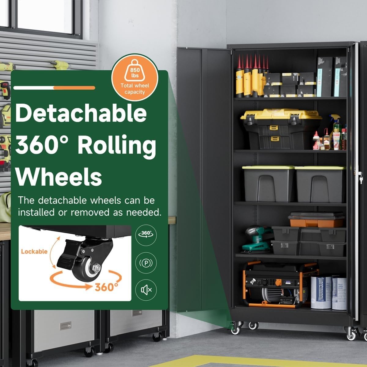 Metal Garage Storage Cabinets with Wheels, Locking Door and Adjustable Shelves (Black, 74.41" H) I8067