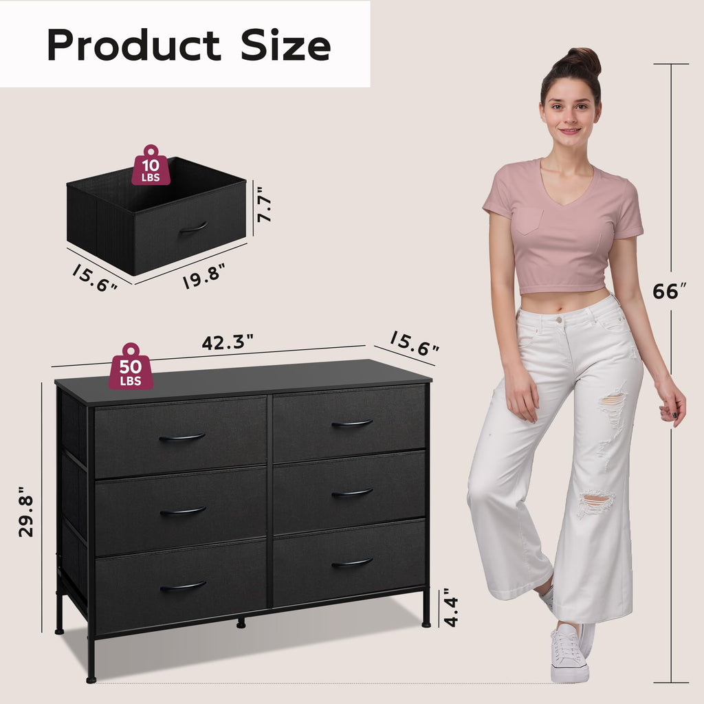Black 6 Drawer Fabric Dresser D970