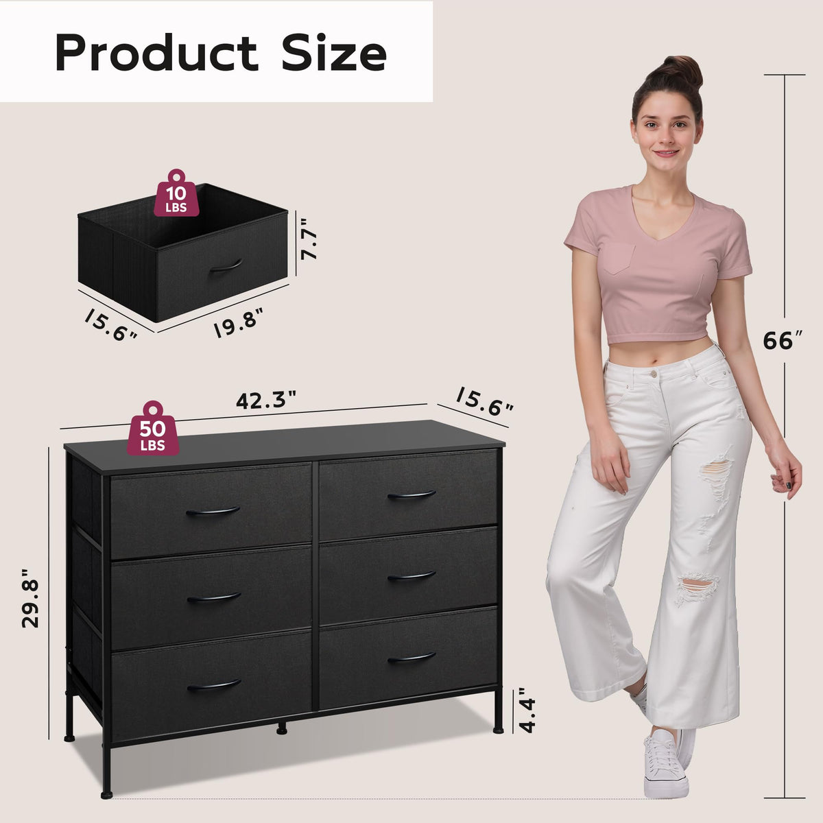 Black 6 Drawer Fabric Dresser D970