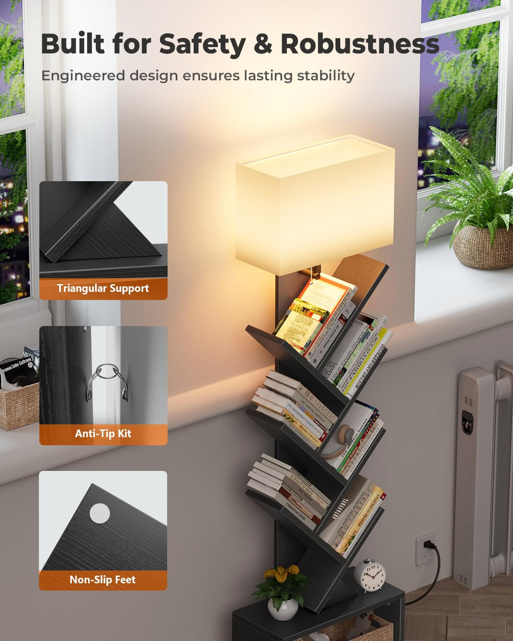 6 Tier Tree Bookshelf with Light, Black B3662