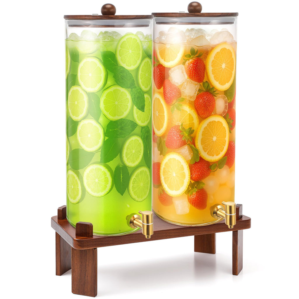 2 Pack 4 Gallon Glass Drink Dispenser with Acacia Wood Stand and Lid G396019