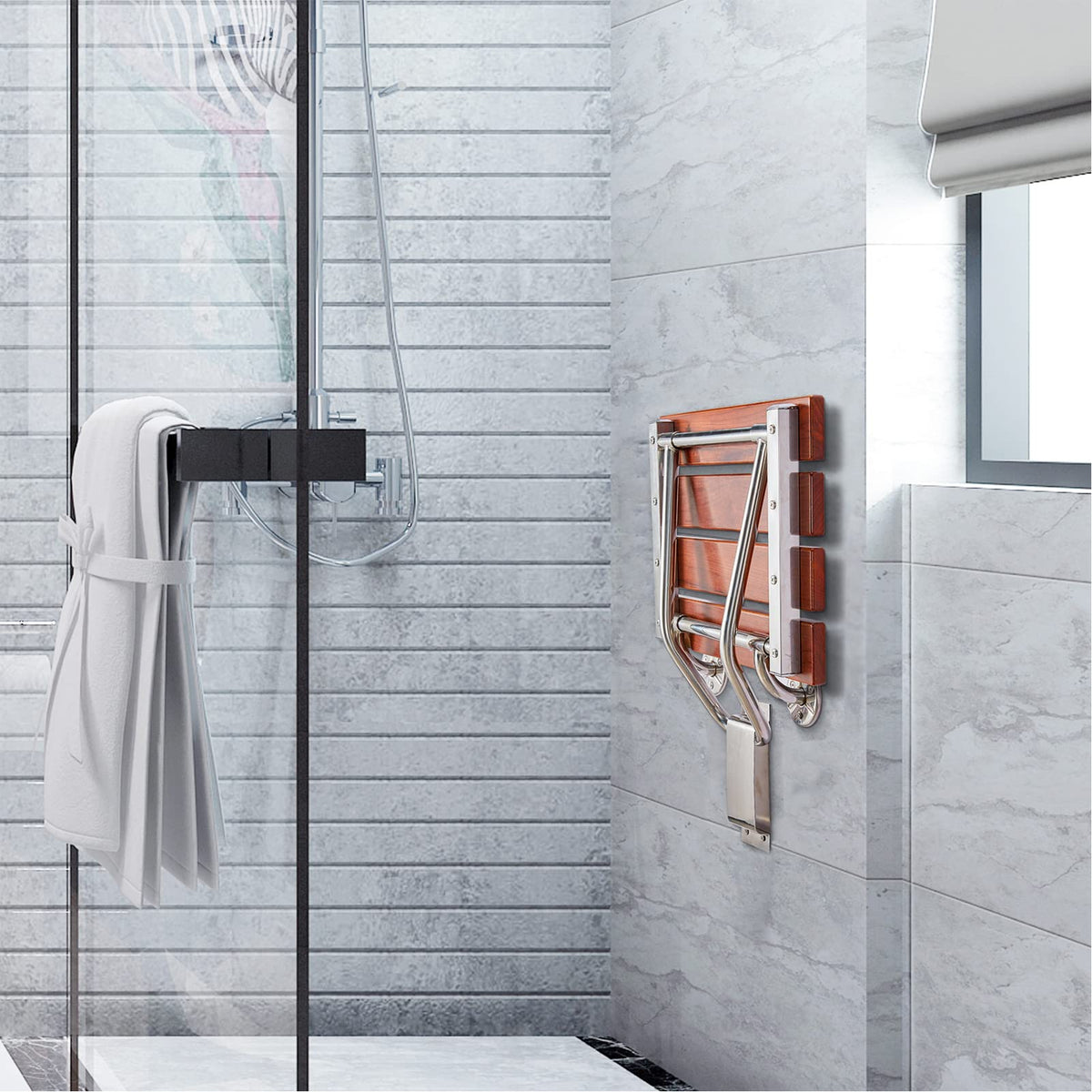 Teak Wood Wall Mounted Folding Shower Seat and Bench 350lb Capacity C641407