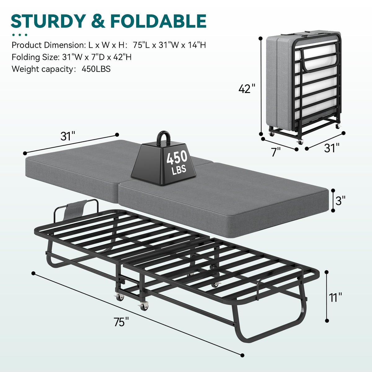 Folding Bed with Mattress and Metal Frame Y618