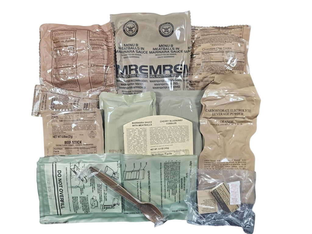 MRE Meal Ready to Eat with Entree Snacks Dessert Drink Mix Utensils Condiments R1873