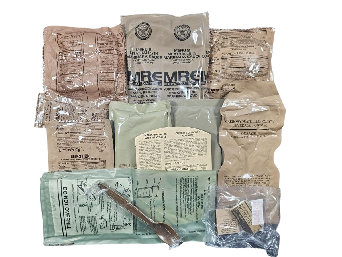 MRE Meal Ready to Eat with Entree Snacks Dessert Drink Mix Utensils Condiments R1873