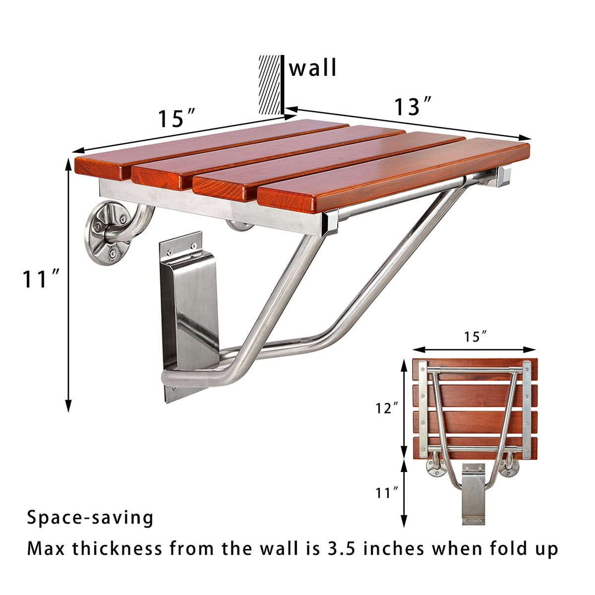 Teak Wood Wall Mounted Folding Shower Seat and Bench 350lb Capacity C641407