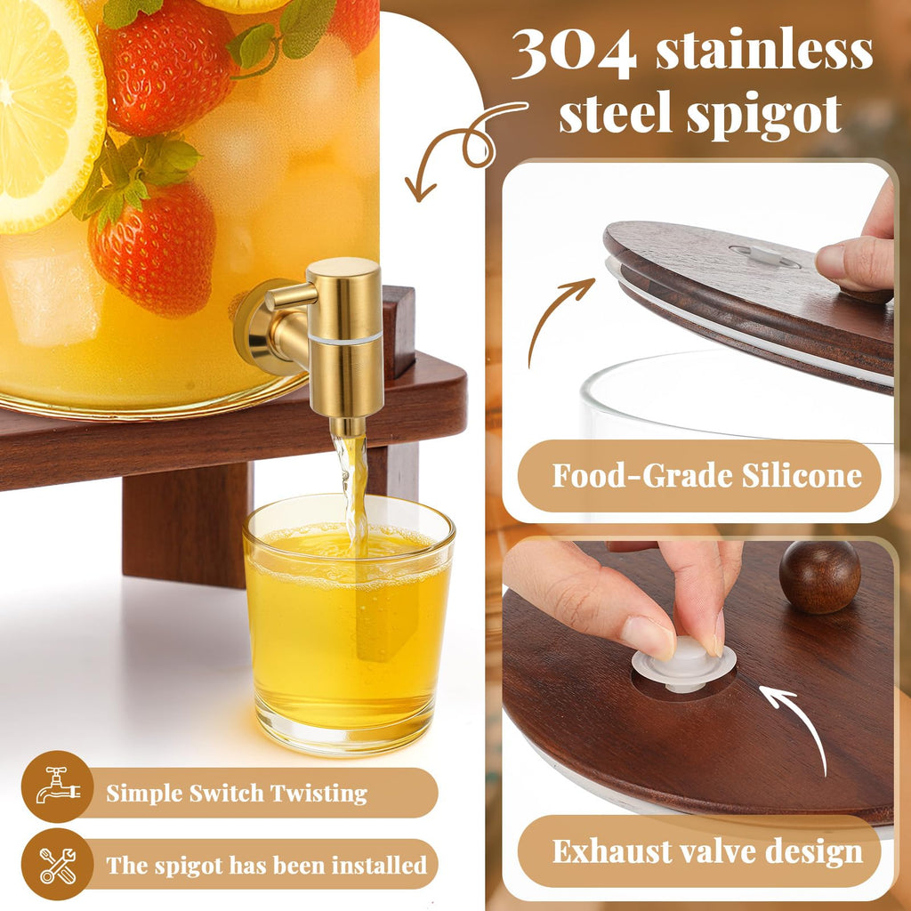 2 Pack 4 Gallon Glass Drink Dispenser with Acacia Wood Stand and Lid G396019
