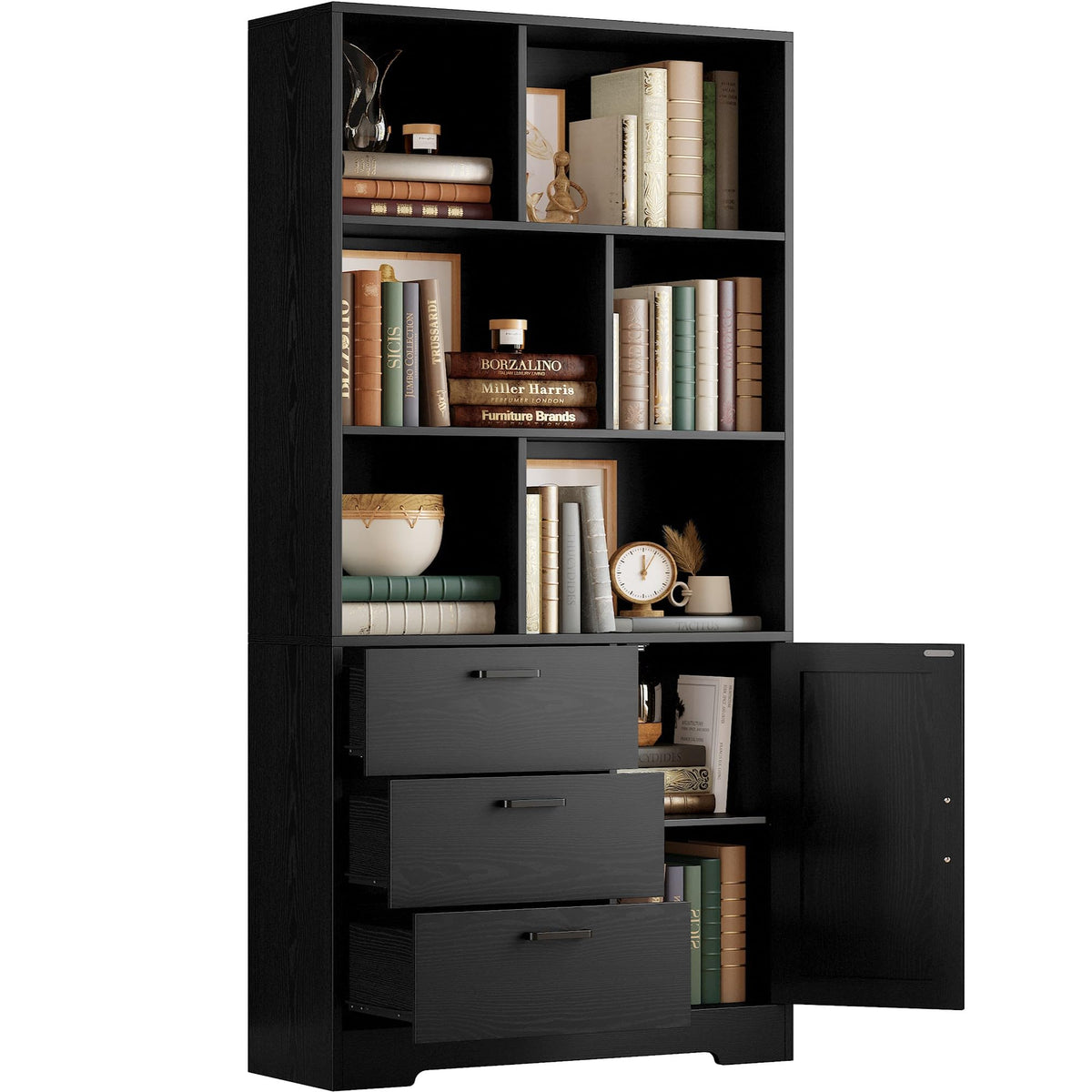 70.9-Inch Black Bookcase with Doors and 3 Drawers V2412