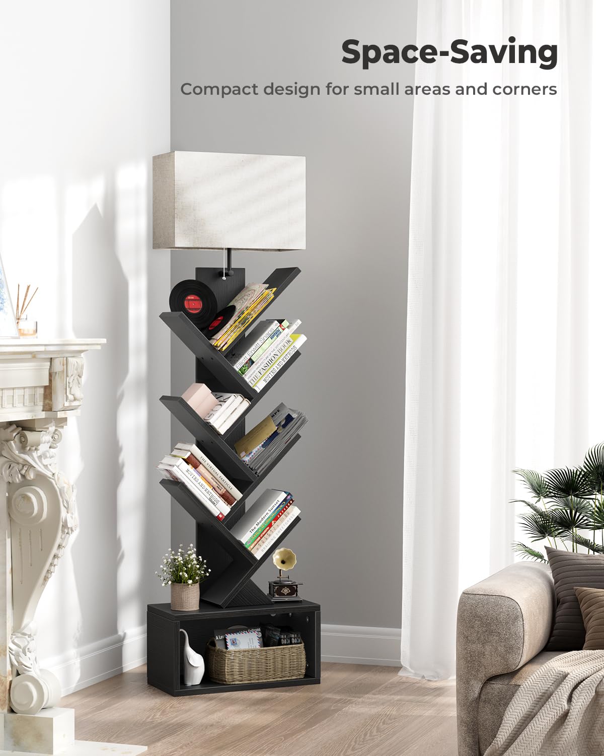 6 Tier Tree Bookshelf with Light, Black B3662
