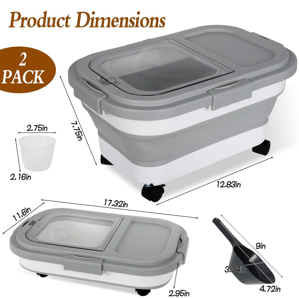 2 Pack 15Lbs Collapsible Airtight Pet Food Storage Container with Scoops D7300