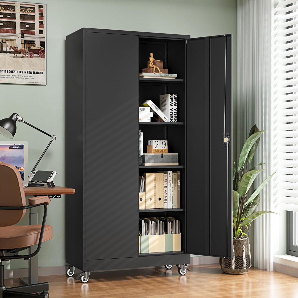 Metal Garage Storage Cabinets with Wheels, Locking Door and Adjustable Shelves (Black, 74.41" H) I8067