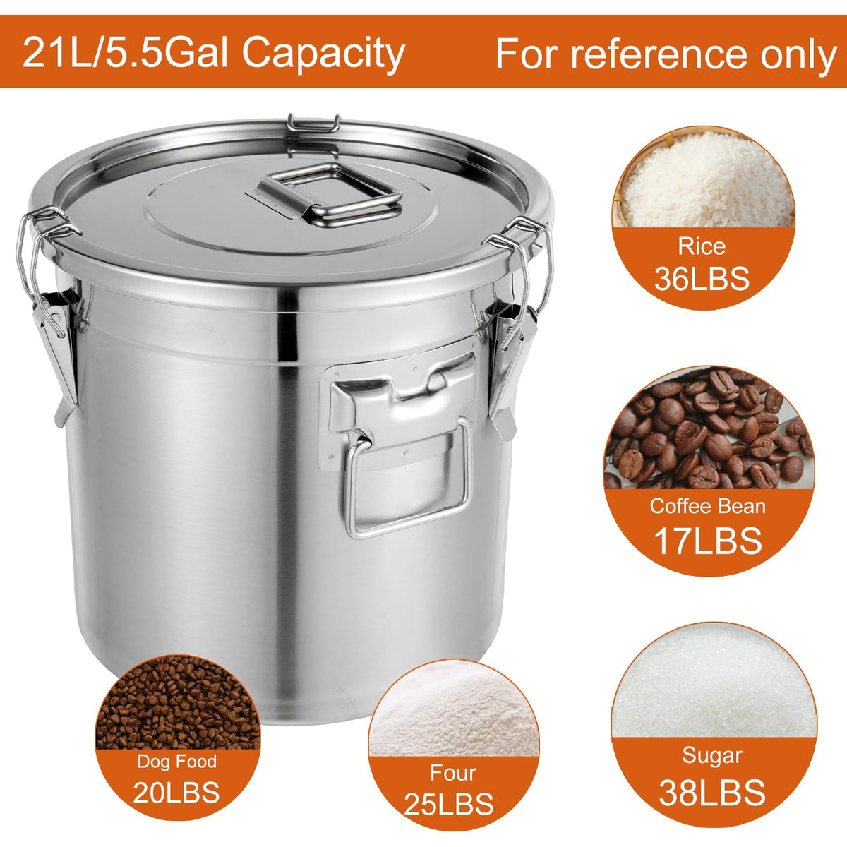 5.5Gal 304 Stainless Steel Airtight Container with Lid and Locking Clamp E523
