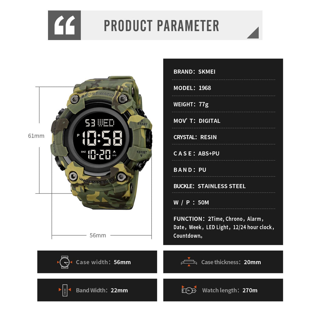 Men Digital Watch Waterproof LED Stopwatch P296