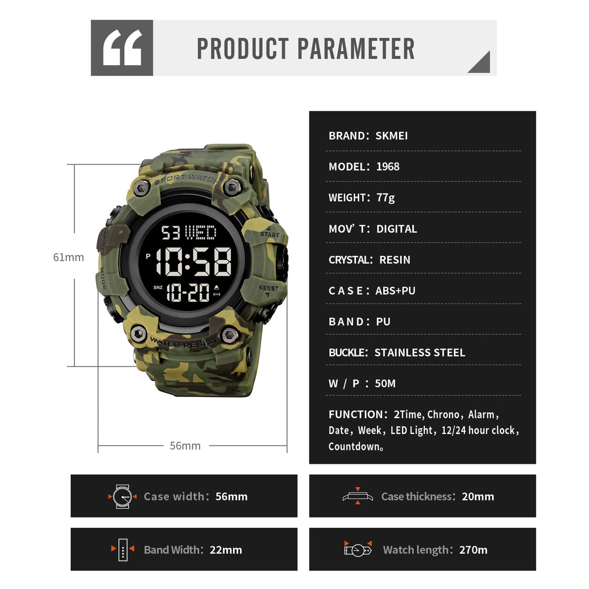 Men Digital Watch Waterproof LED Stopwatch P296
