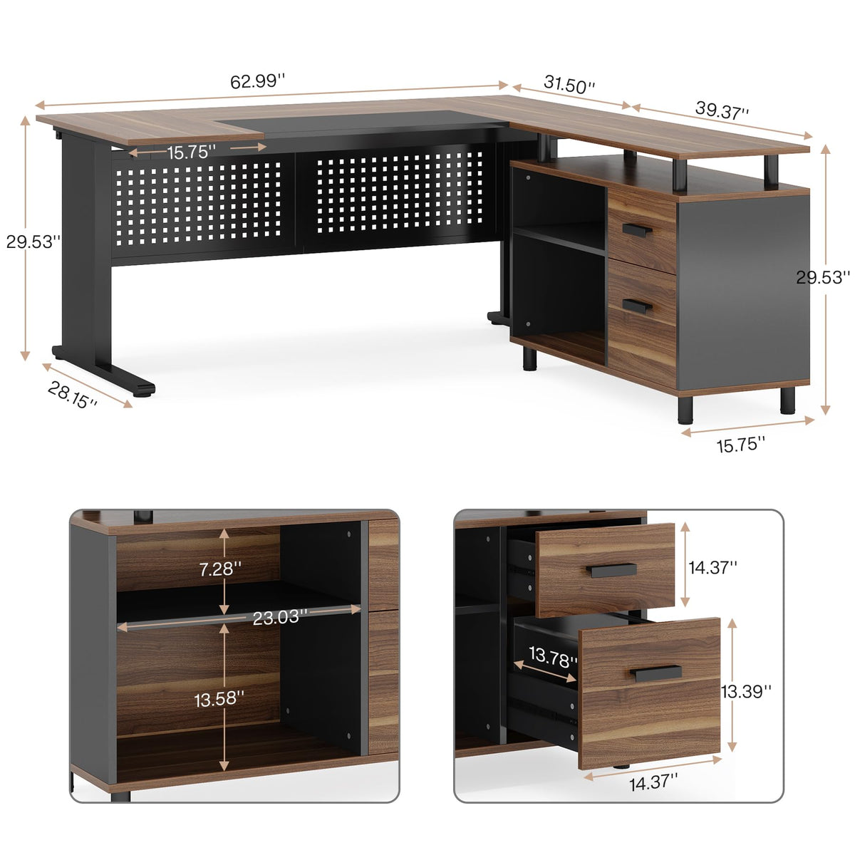 63 Inch L Shaped Computer Desk with File Cabinet and Storage Shelves L9241