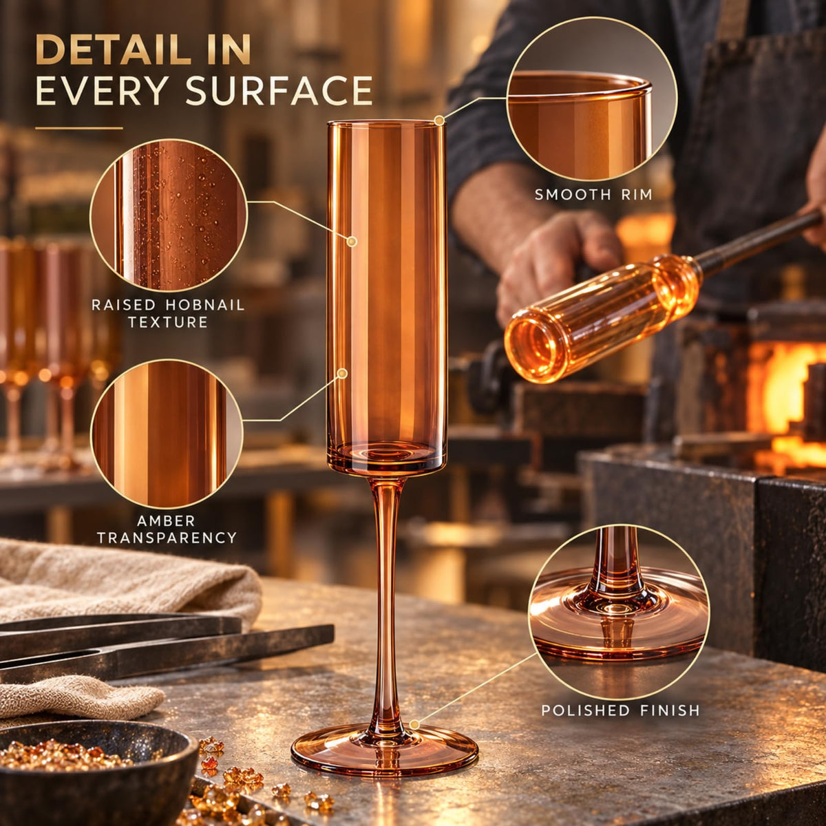 Set of 6 Amber Textured Glass Champagne Flute 6oz Q491691
