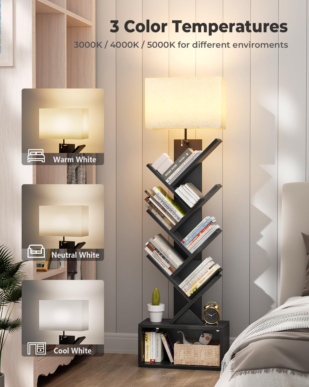 6 Tier Tree Bookshelf with Light, Black B3662