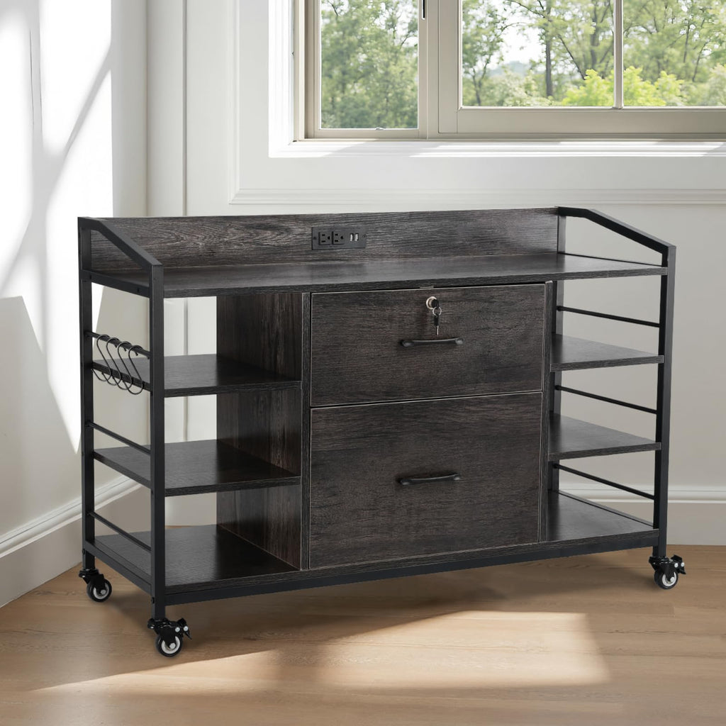 2 Drawer Metal File Cabinet with Lock and 6 Open Shelves, Gray L178