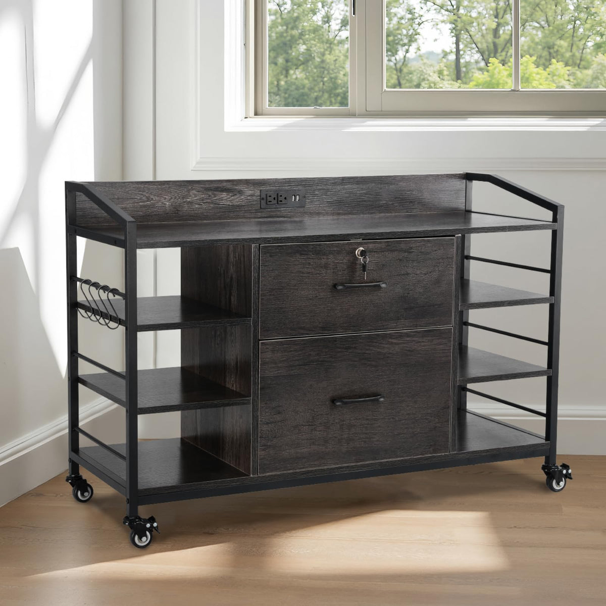 2 Drawer Metal File Cabinet with Lock and 6 Open Shelves, Gray L178
