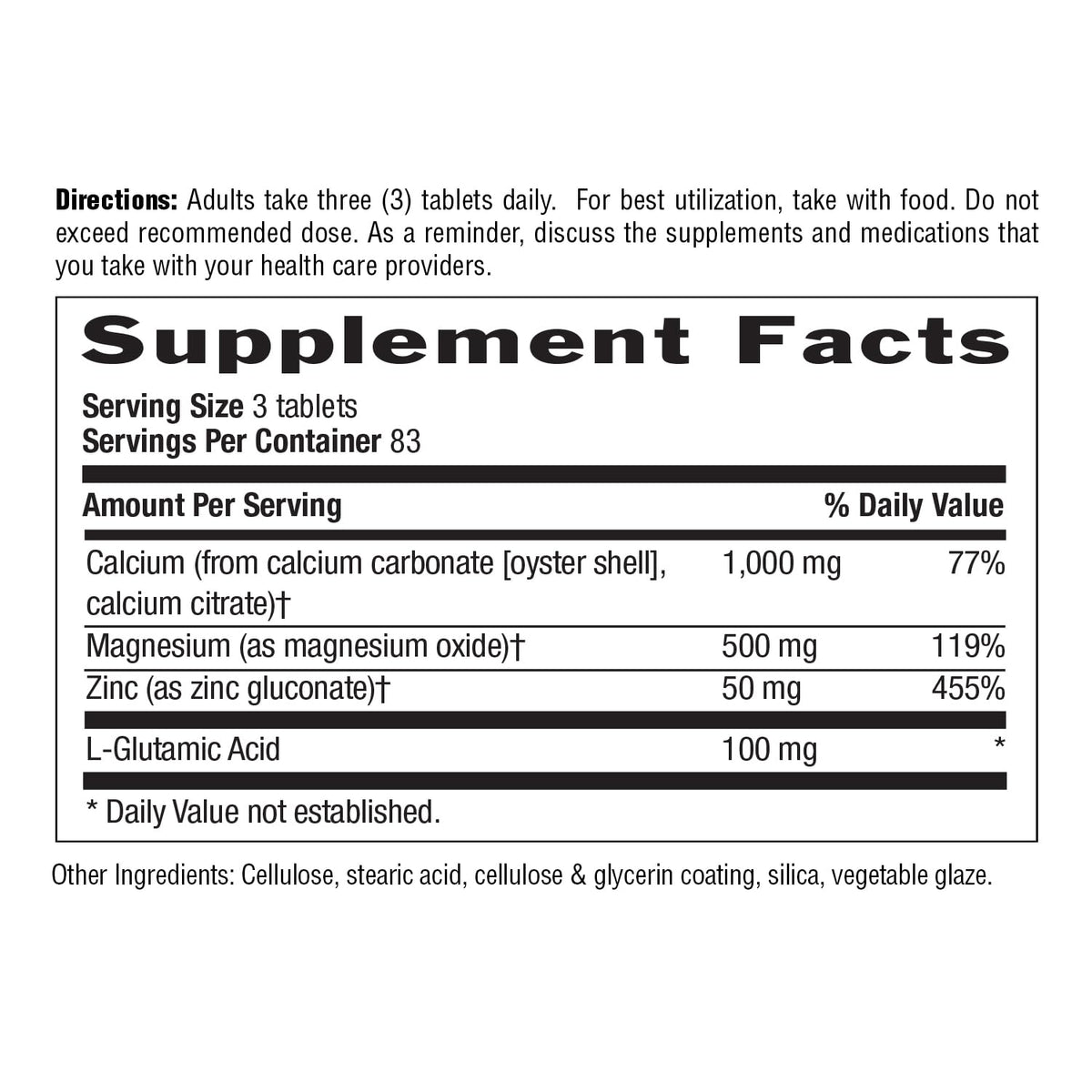 Calcium Magnesium Zinc with L-Glutamic Acid, 250 Tablets A11304