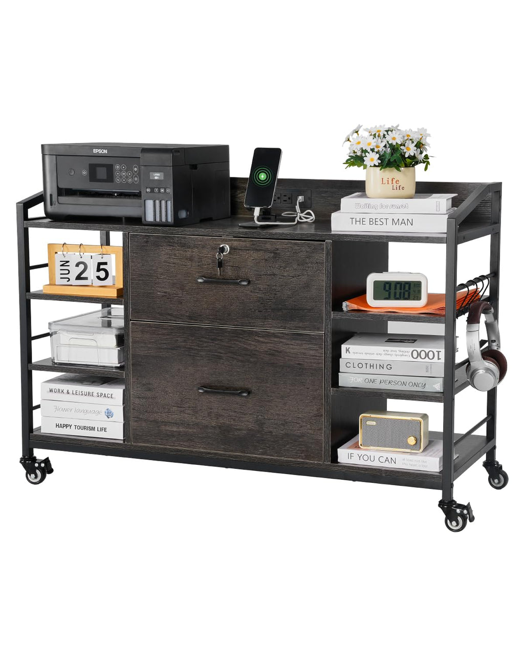 2 Drawer Metal File Cabinet with Lock and 6 Open Shelves, Gray L178