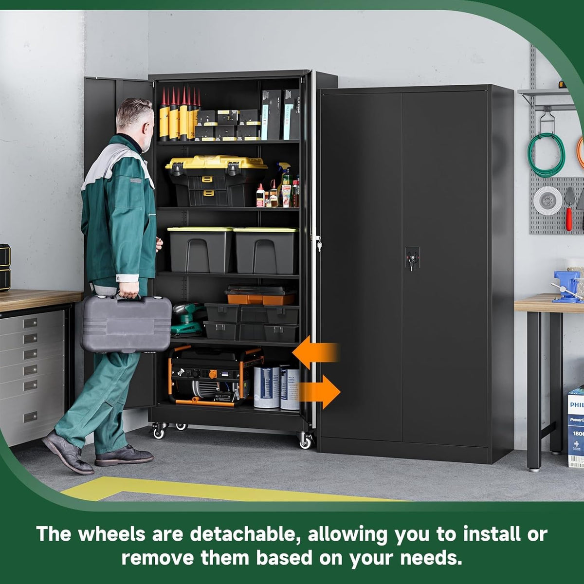 Metal Garage Storage Cabinets with Wheels, Locking Door and Adjustable Shelves (Black, 74.41" H) I8067