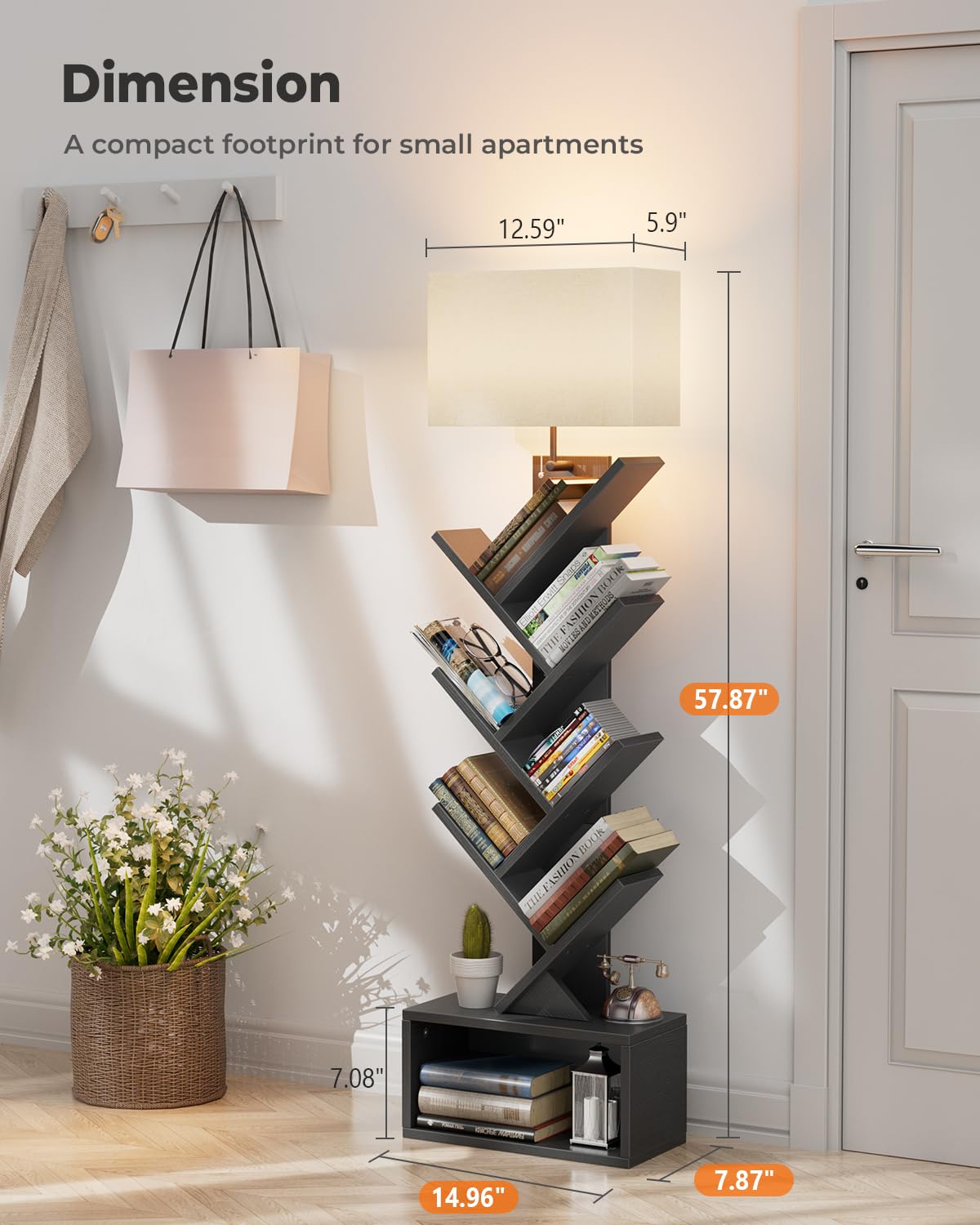 6 Tier Tree Bookshelf with Light, Black B3662