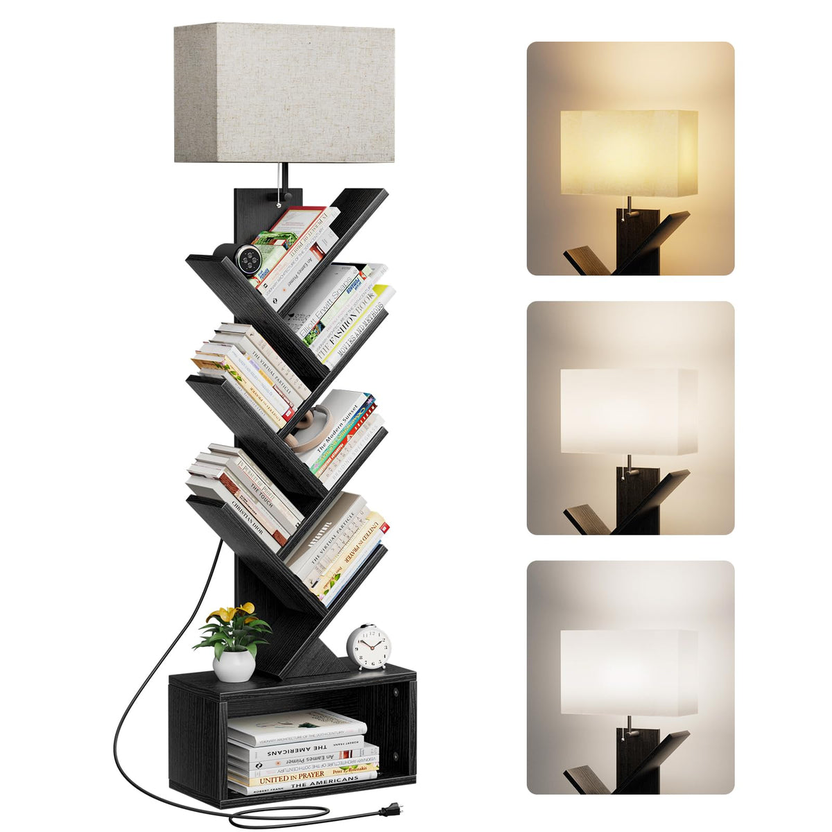 6 Tier Tree Bookshelf with Light, Black B3662