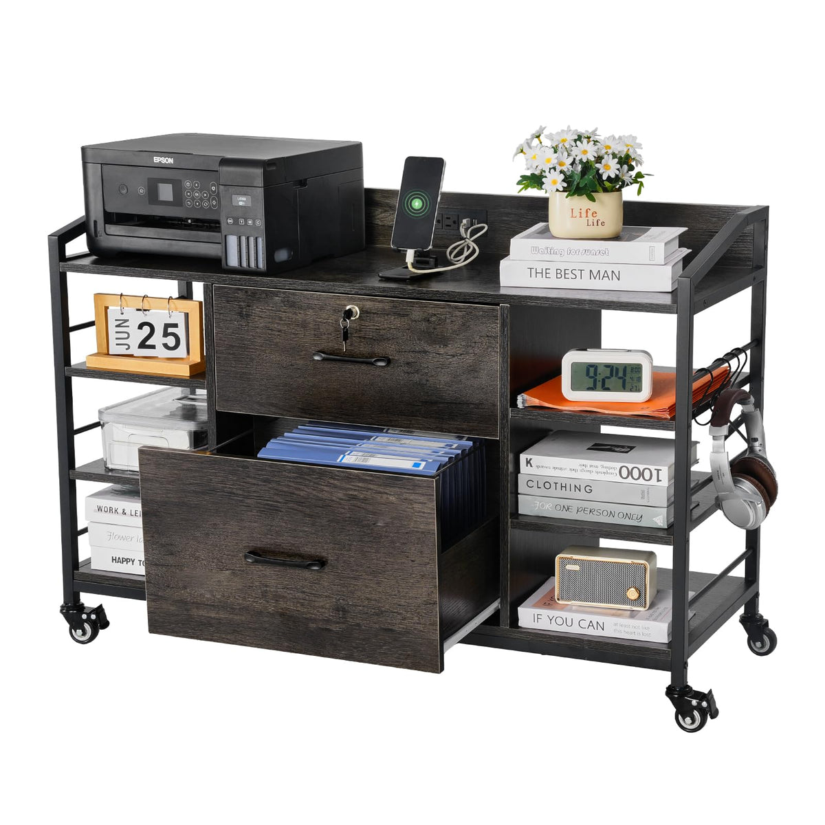 2 Drawer Metal File Cabinet with Lock and 6 Open Shelves, Gray L178