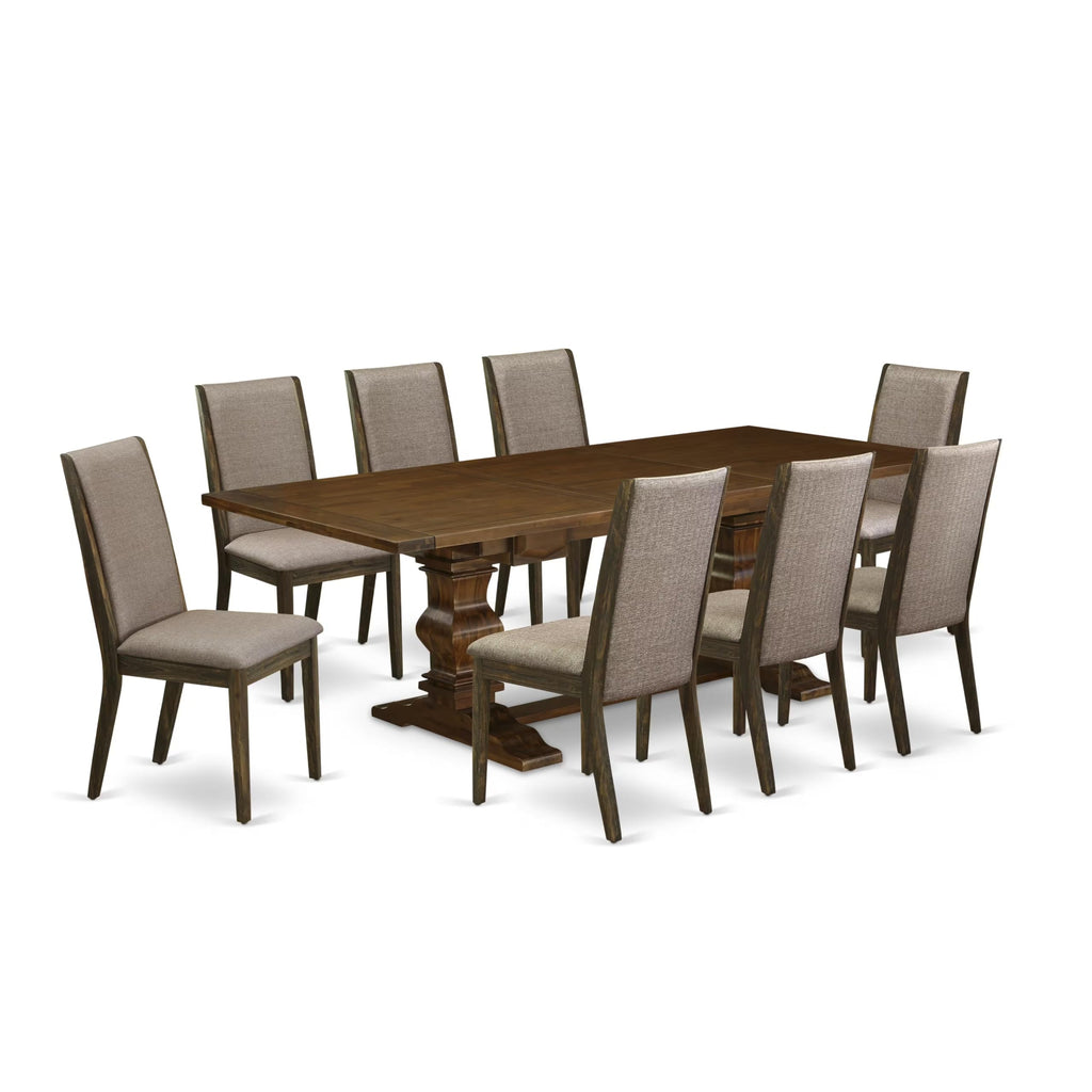 9 Piece Walnut Dining Table Set with Butterfly Leaf and 8 Dark Khaki Linen Fabric Chairs Y3447