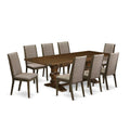 9 Piece Walnut Dining Table Set with Butterfly Leaf and 8 Dark Khaki Linen Fabric Chairs Y3447