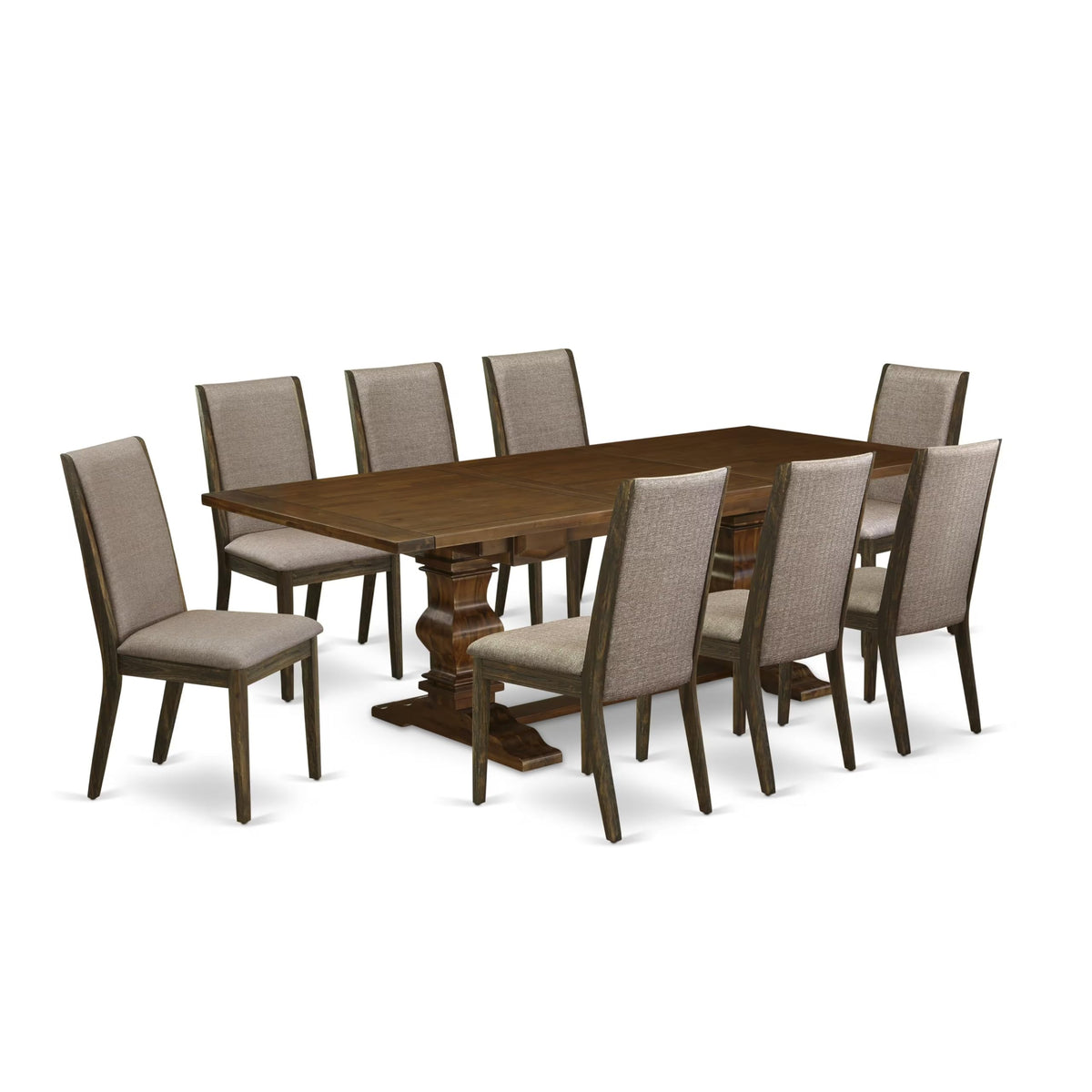 9 Piece Walnut Dining Table Set with Butterfly Leaf and 8 Dark Khaki Linen Fabric Chairs Y3447