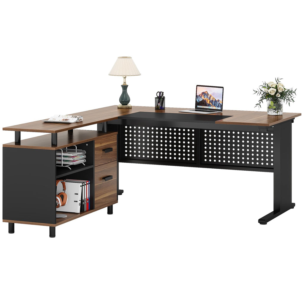 63 Inch L Shaped Computer Desk with File Cabinet and Storage Shelves L9241