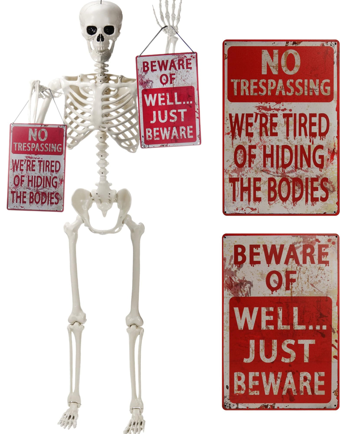 5.4 ft Posable Skeleton with 2 Pack Metal Signs T3897