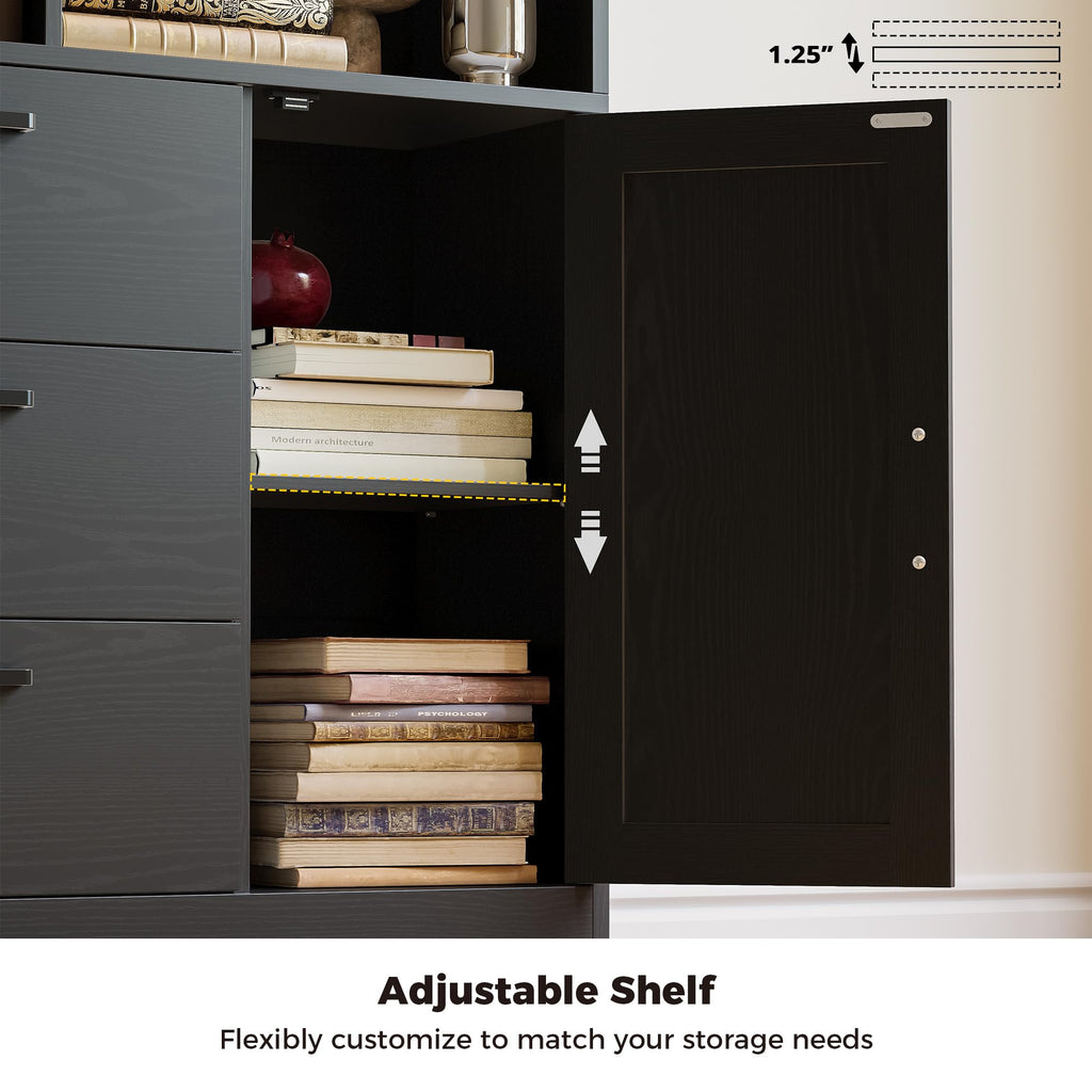 70.9-Inch Black Bookcase with Doors and 3 Drawers V2412