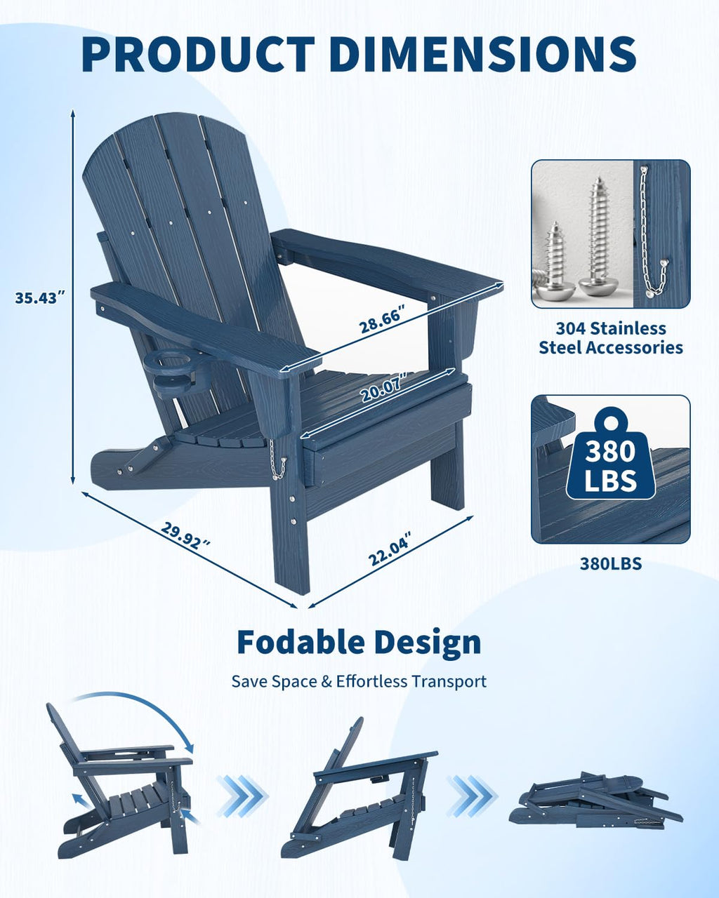 HDPE Folding Adirondack Chair Set of 2 with Side Table, Navy Blue T8185