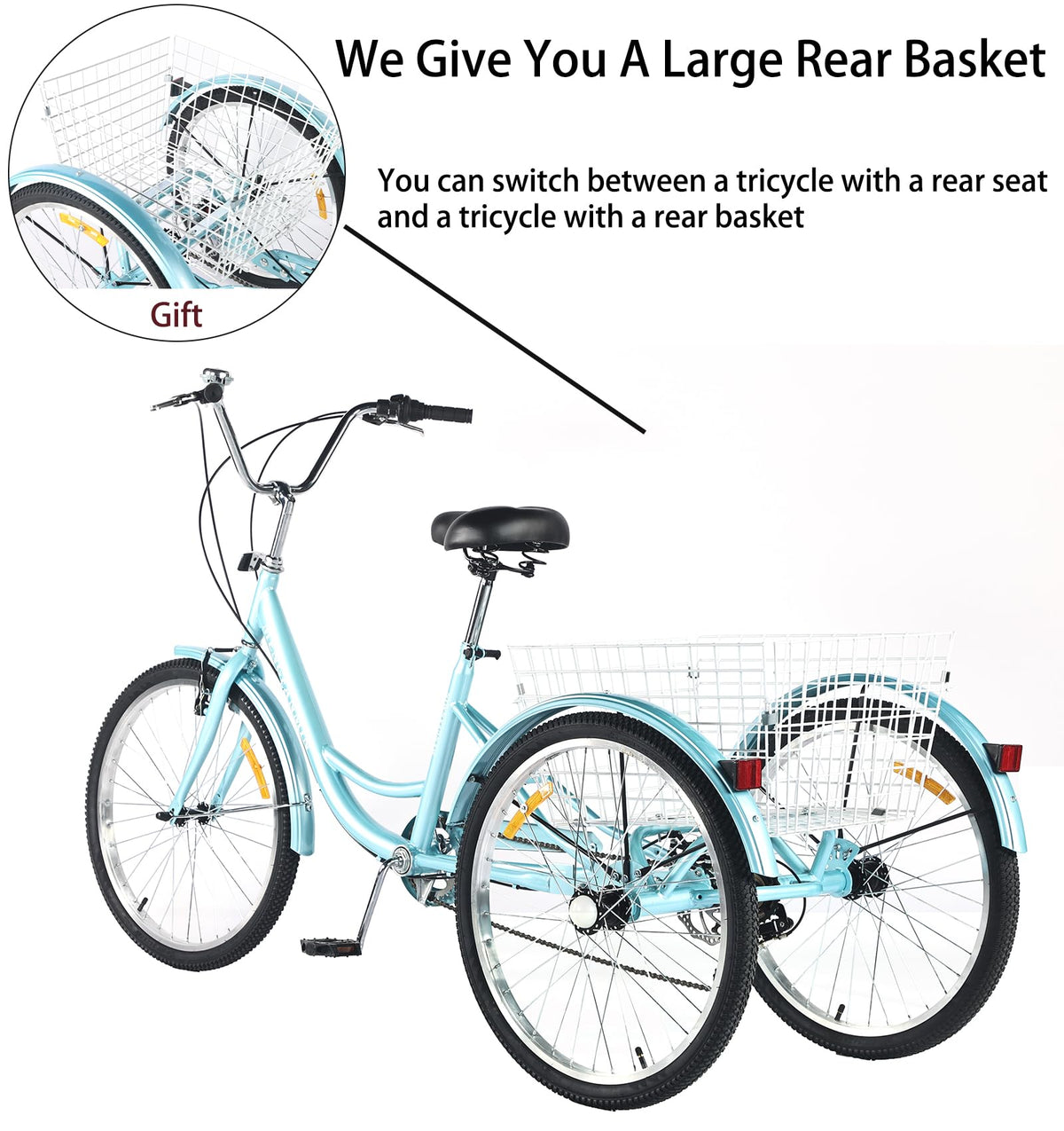 7 Speed Adult Tricycle with Child Seat and Rear Baskets T50201