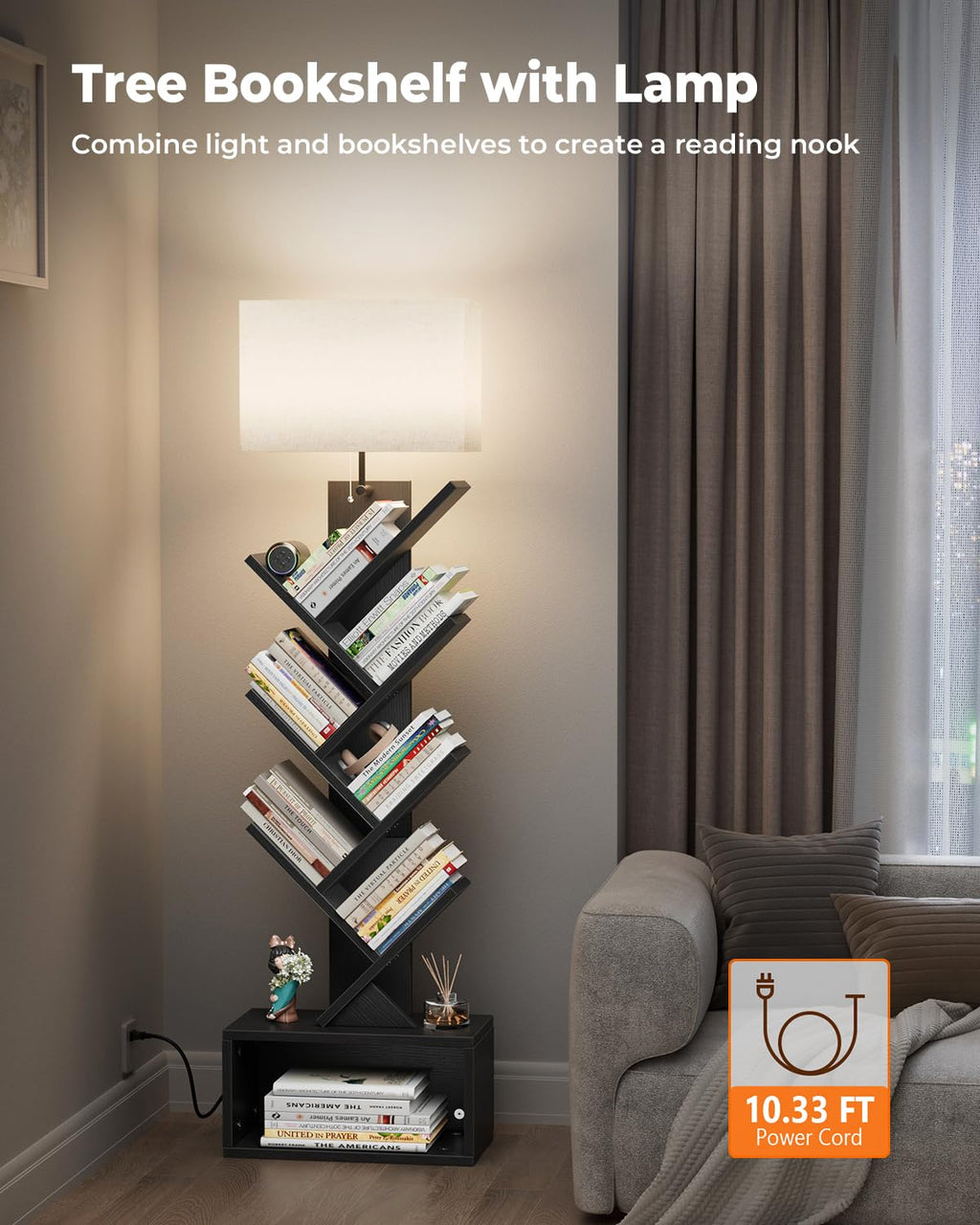 6 Tier Tree Bookshelf with Light, Black B3662