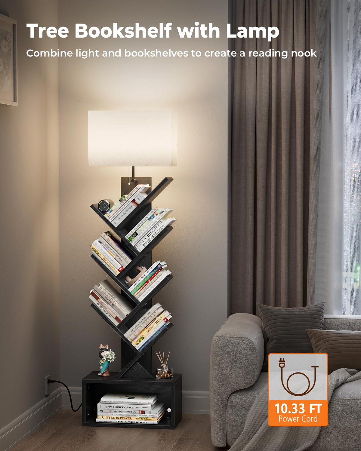 6 Tier Tree Bookshelf with Light, Black B3662