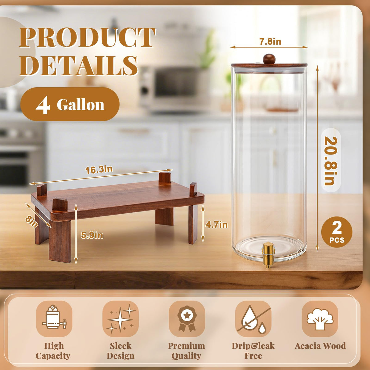 2 Pack 4 Gallon Glass Drink Dispenser with Acacia Wood Stand and Lid G396019