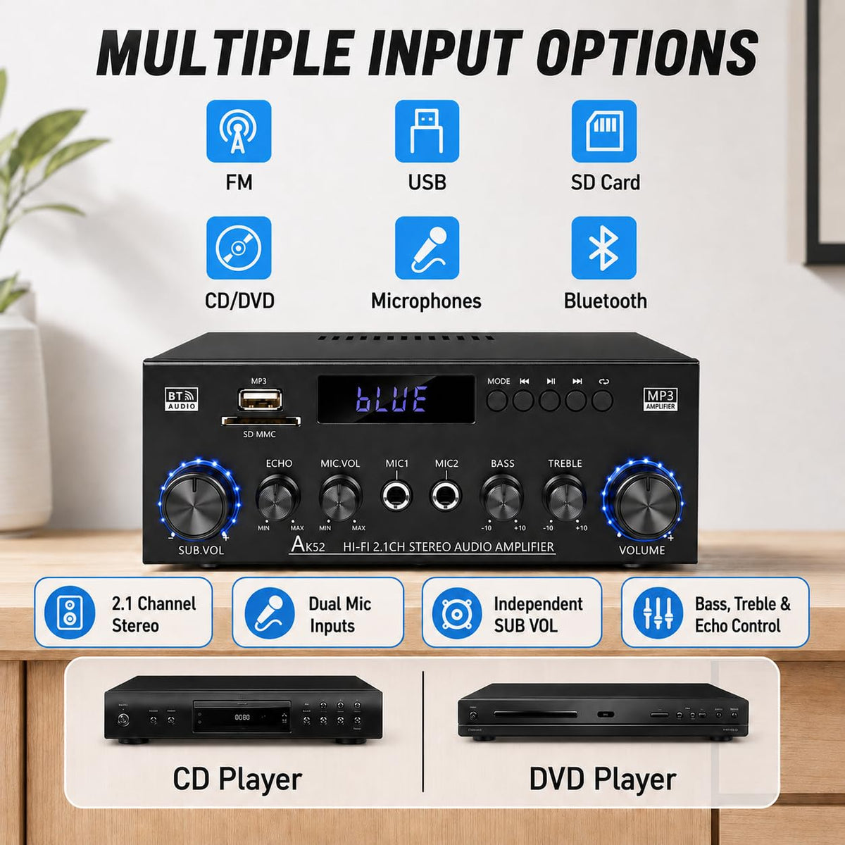 Bluetooth 5.0 2.1 Channel 400W Stereo Amplifier C355