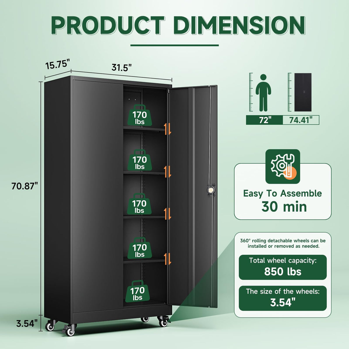 Metal Garage Storage Cabinets with Wheels, Locking Door and Adjustable Shelves (Black, 74.41" H) I8067