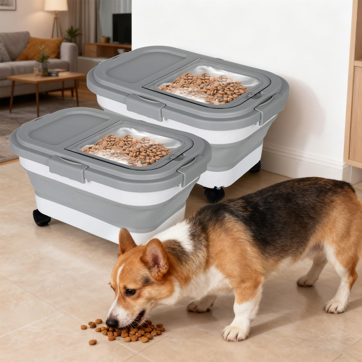 2 Pack 15Lbs Collapsible Airtight Pet Food Storage Container with Scoops D7300